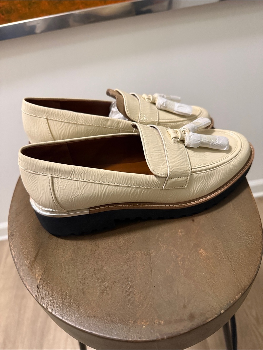 Franco Sarto Cream Leather Tassel Penny Loafers